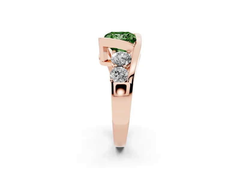 Fancy Green Princess Cut Diamond Bezel Bypass Ring Set in Rose gold with Round Accents