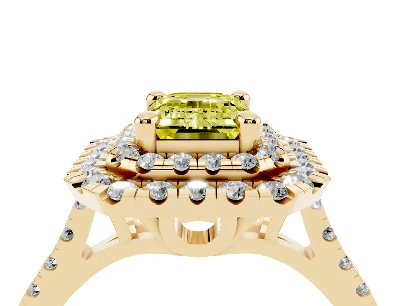 Fancy Yellow Emerald Cut Diamond Double Halo Statement Ring Set in Yellow gold with Pavé Band