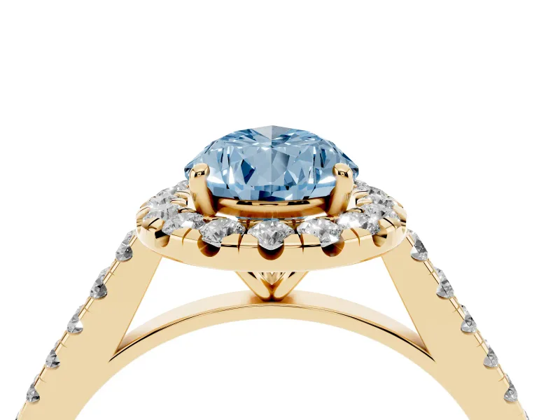 Pear-Shaped Halo Engagement Ring Setting for a Fancy Blue Lab-Grown Diamond | Pave Shoulders | Yellow Gold