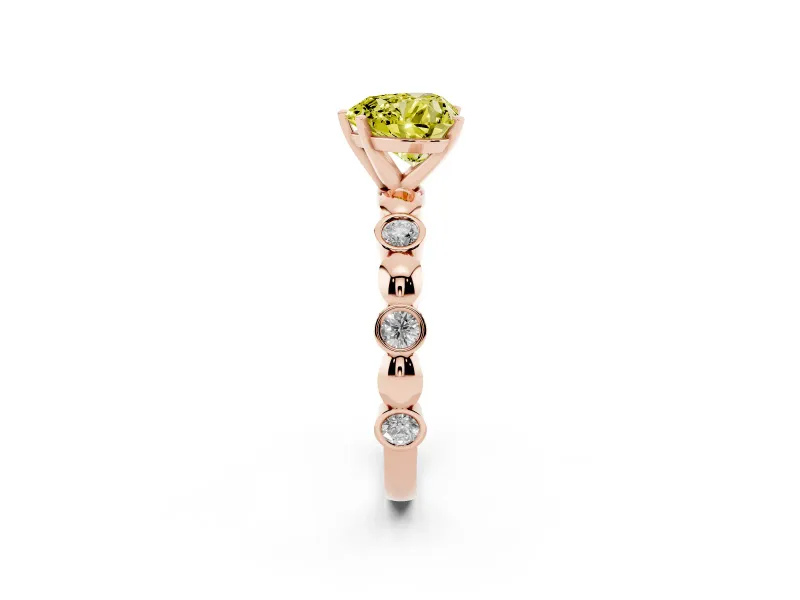 Fancy Yellow Heart Cut Diamond Solitaire Ring Set in Rose gold with Bezel-Set Accents on Beaded Band and Prong Setting