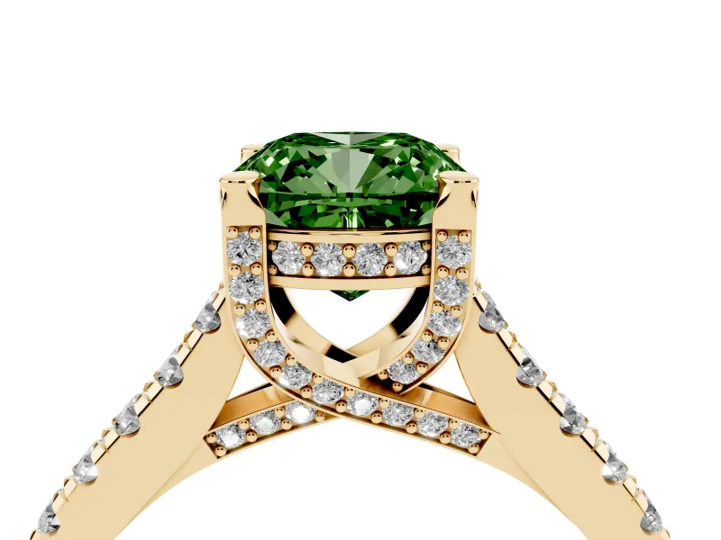 Cushion Cut Hidden Halo Pave Engagement Ring Setting for a Fancy Green Lab-Grown Diamond | Claw Prongs | Yellow Gold