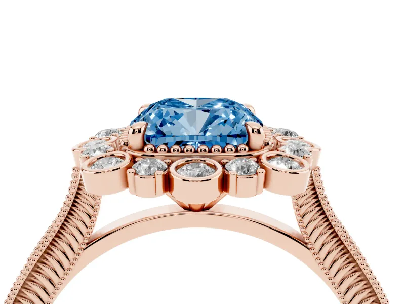 Fancy Blue Cushion Cut Diamond Halo Milgrain Pavé Ring Set in Rose gold with Prong Setting