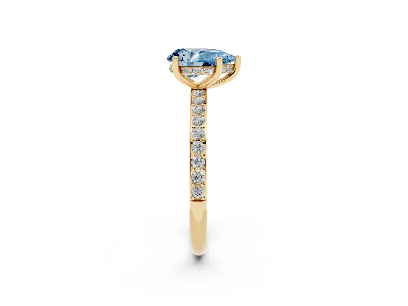 Fancy Blue Pear Cut Diamond Pavé Band Ring Set in Yellow gold with Prong-Set Center Stone