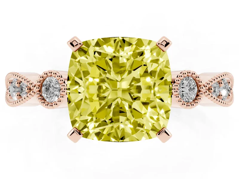 Fancy Yellow Cushion Cut Diamond Solitaire Engagement Ring Set in Rose gold with Milgrain Bezel Accent Band