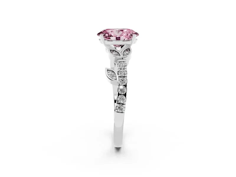 Fancy Pink Oval Cut Diamond Solitaire Leaf-Inspired Ring Set in Silver with Pavé Band and Prong Setting