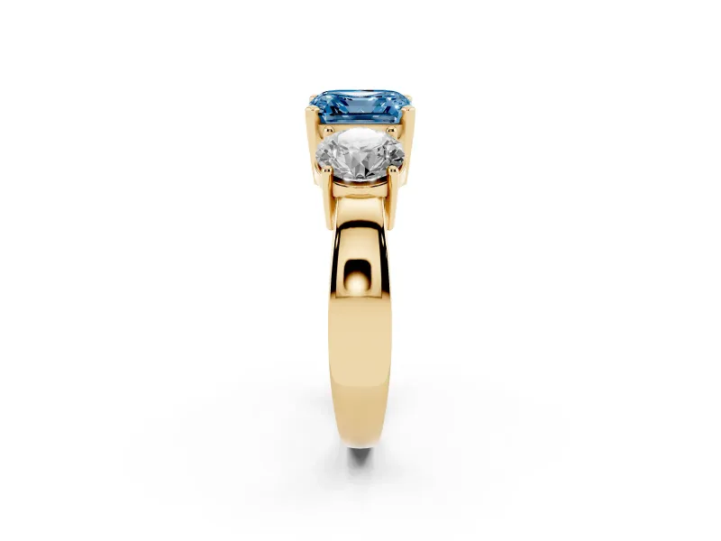 Asscher Cut Three Stone Engagement Ring Setting for a Fancy Blue Lab-Grown Diamond | Wide Plain Band | Yellow Gold