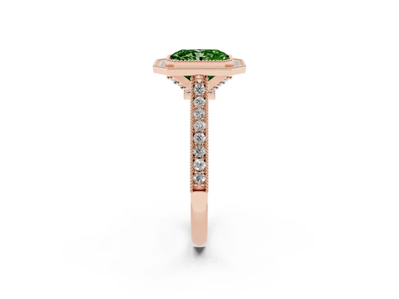Radiant Cut Vintage Milgrain Halo Engagement Ring Setting for a Fancy Green Lab-Grown Diamond | Bezel Head | Rose Gold