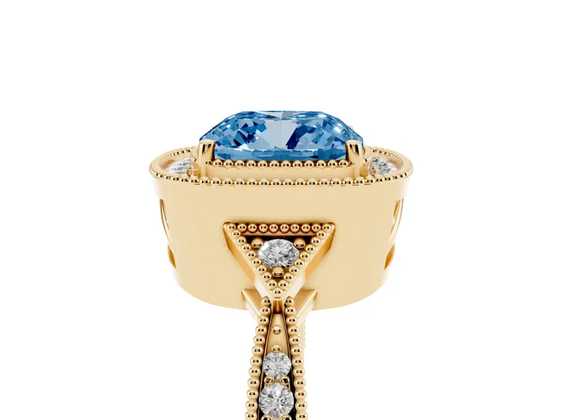 Fancy Blue Cushion Cut Diamond Halo Engagement Ring Set in Yellow gold with Milgrain Pavé Band