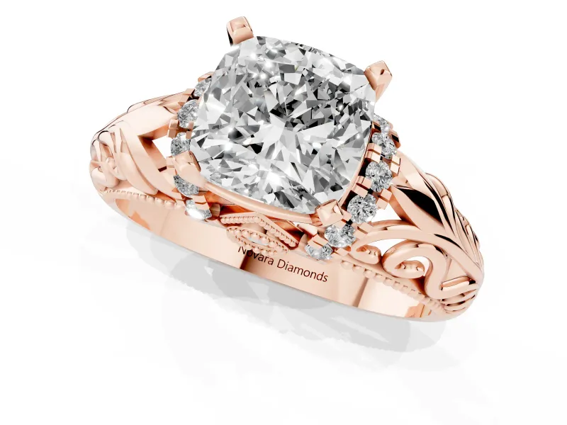 Cushion Cut Diamond Filigree Halo Engagement Ring Set in Rose gold with Prong Setting