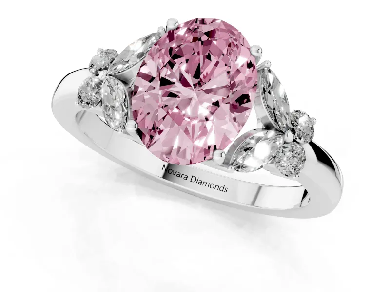 Fancy Pink Oval Cut Diamond Solitaire Floral Ring Set in White gold with Marquise Petals and Prong Setting