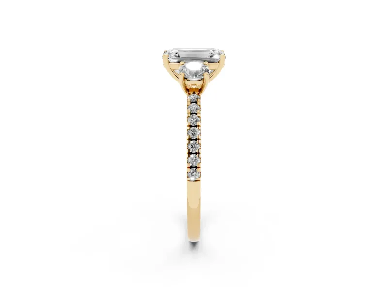 Emerald Cut Three Stone Engagement Ring Setting | Pave Shoulders | Yellow Gold