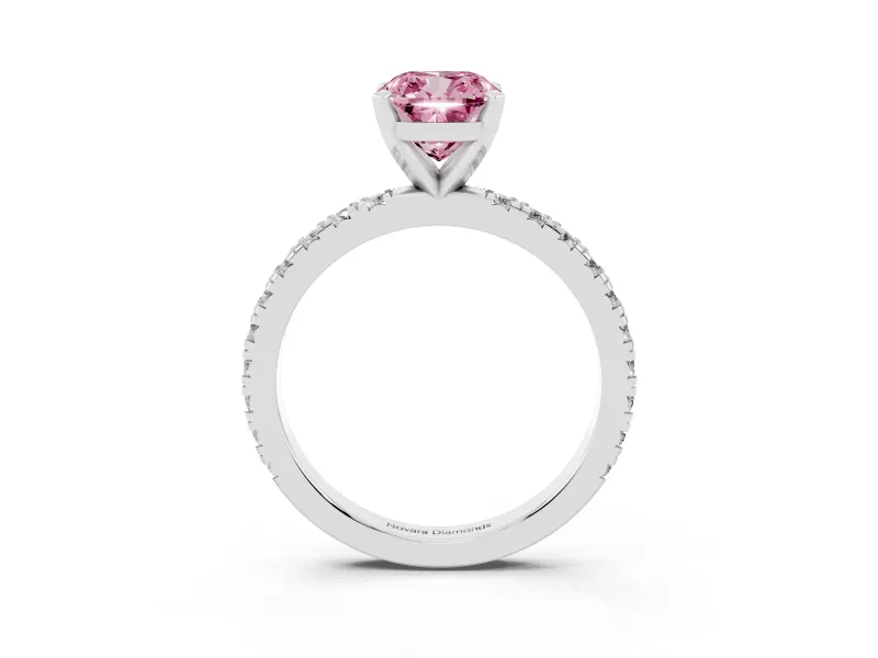 Fancy Pink Cushion Cut Diamond Pavé Band Solitaire Set in White gold with Prong Setting