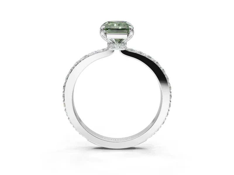 Radiant Cut Hidden Halo Engagement Ring Setting for a Fancy Green Lab-Grown Diamond | Pavé Band | White Gold