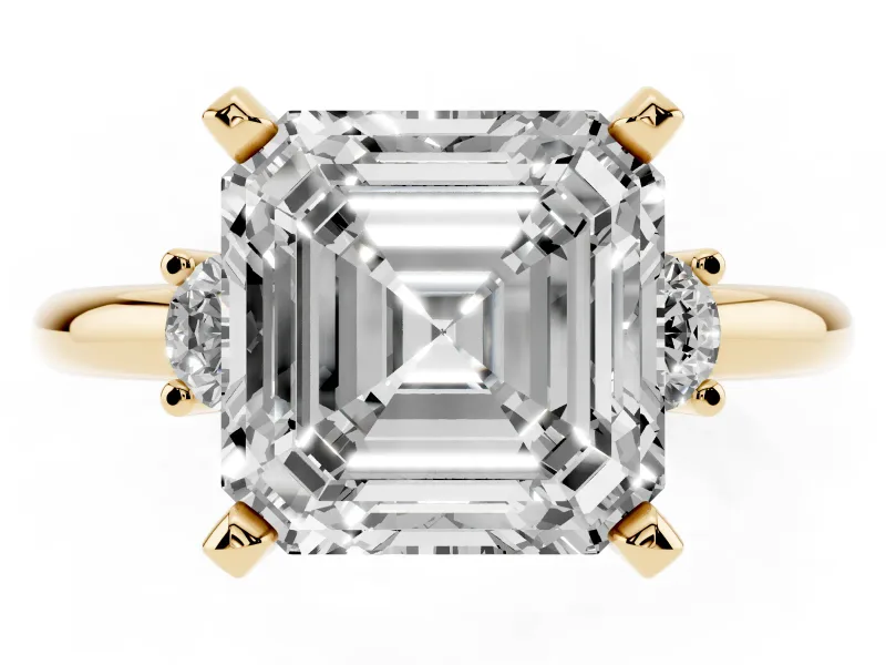Asscher Cut Three Stone Engagement Ring Setting | Round Side Stones | Yellow Gold