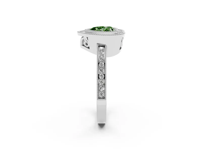 Fancy Green Heart Cut Diamond Halo Ring Set in Silver with Pavé Band and Milgrain-Edged Prongs