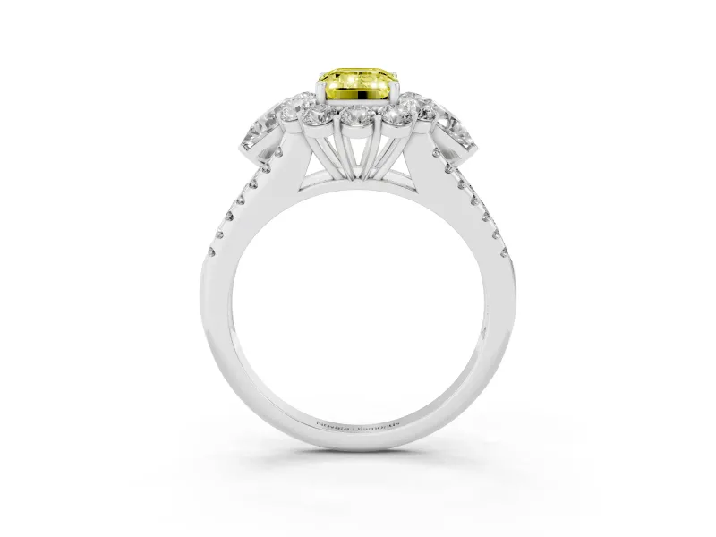 Fancy Yellow Emerald Cut Diamond Halo Split Shank Engagement Ring Set in Silver with Prong-Held Center Stone