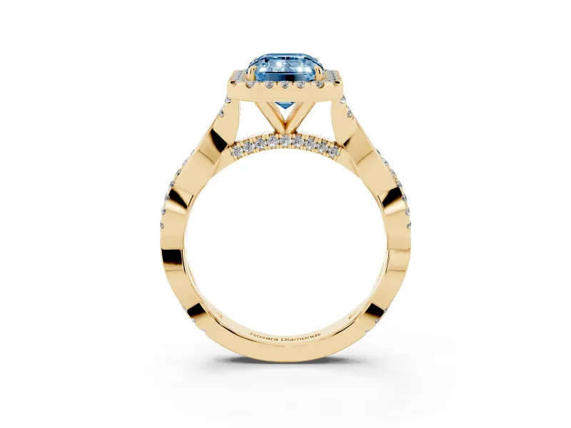 Emerald Cut Twist Halo Engagement Ring Setting for a Fancy Blue Lab-Grown Diamond | Yellow Gold