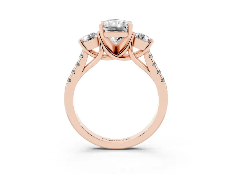 Three-Stone Radiant Cut Diamond Pavé Band Ring Set in Rose gold with Prong-Set Trio