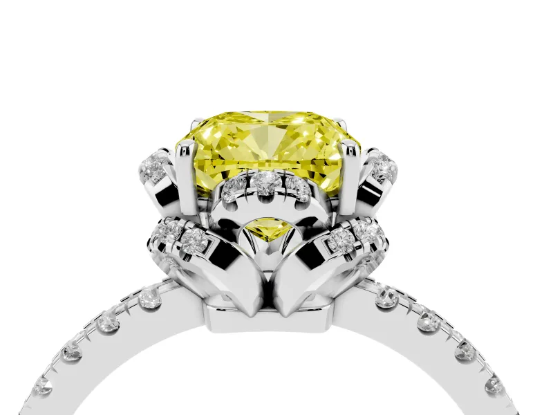 Fancy Yellow Cushion Cut Diamond Halo Pavé Band Ring Set in Silver with Prong-Held Center
