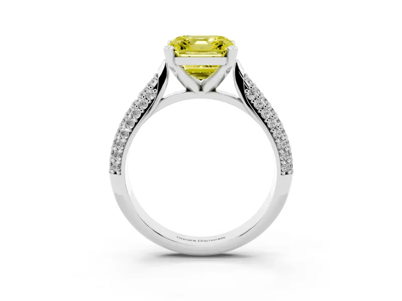 Fancy Yellow Asscher Cut Diamond Solitaire Engagement Ring Set in Platinum with Multi-Row Round Pavé Band and Prong Setting