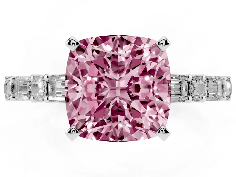 Cushion Cut Baguette Side Stone Engagement Ring Setting for a Fancy Pink Lab-Grown Diamond | Platinum