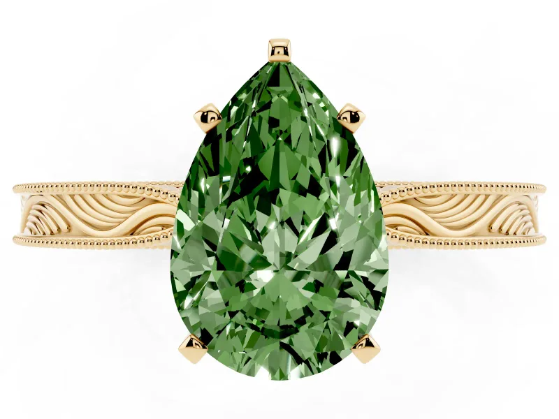 Fancy Green Pear Cut Diamond Solitaire Milgrain Engraved Band Set in Yellow gold with Prong Setting