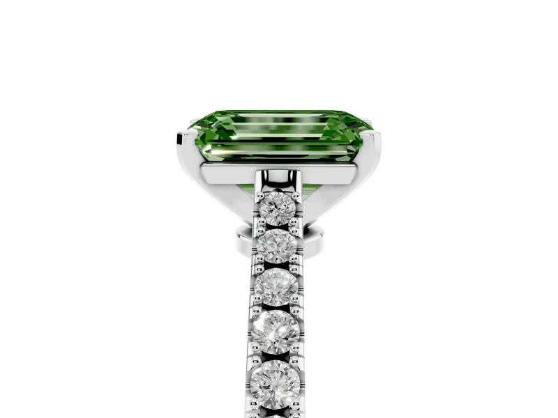 Fancy Green Emerald Cut Diamond Solitaire Engagement Ring Set in Silver with Delicate Pavé Band and Prong Setting