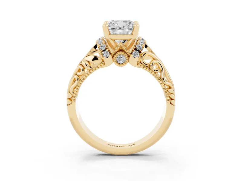 Cushion Cut Vintage Filigree Solitaire Engagement Ring Setting | Accented Basket | Yellow Gold
