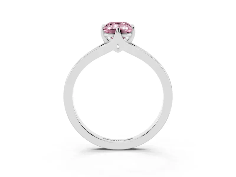 Fancy Pink Emerald Cut Diamond Solitaire Ring Set in White gold with Polished Tapered Band and Prong Setting