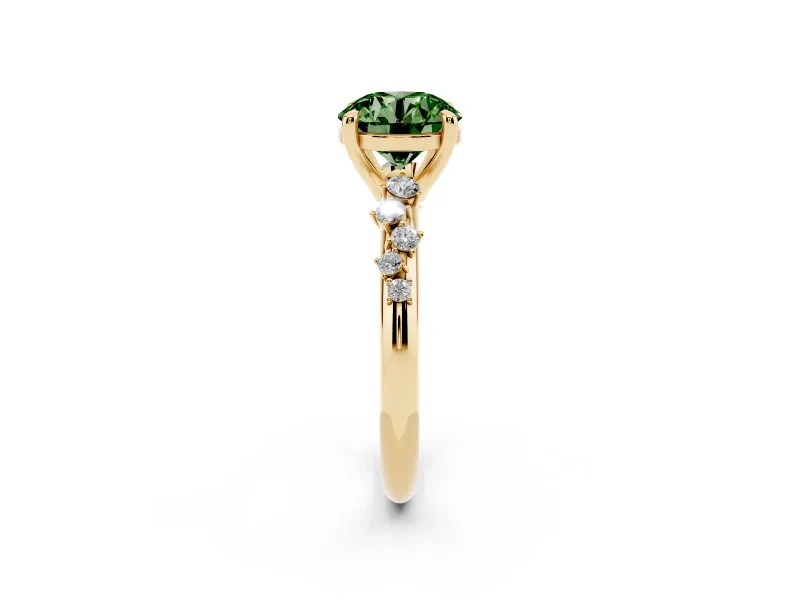 Fancy Green Round Cut Diamond Solitaire Vine Band Ring Set in Yellow gold with Round Accents and Prong Setting