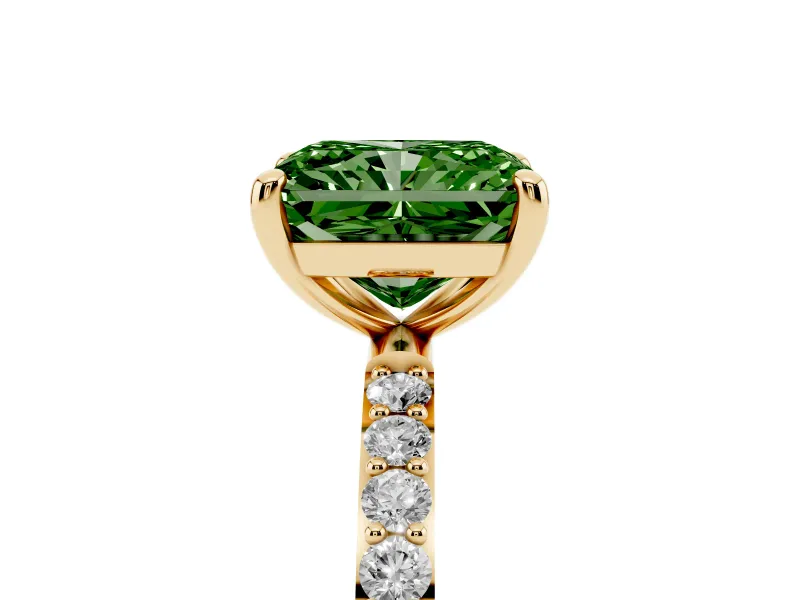 Fancy Green Radiant Cut Diamond Solitaire Ring Set in Yellow gold with Round Pavé Band and Prong Setting