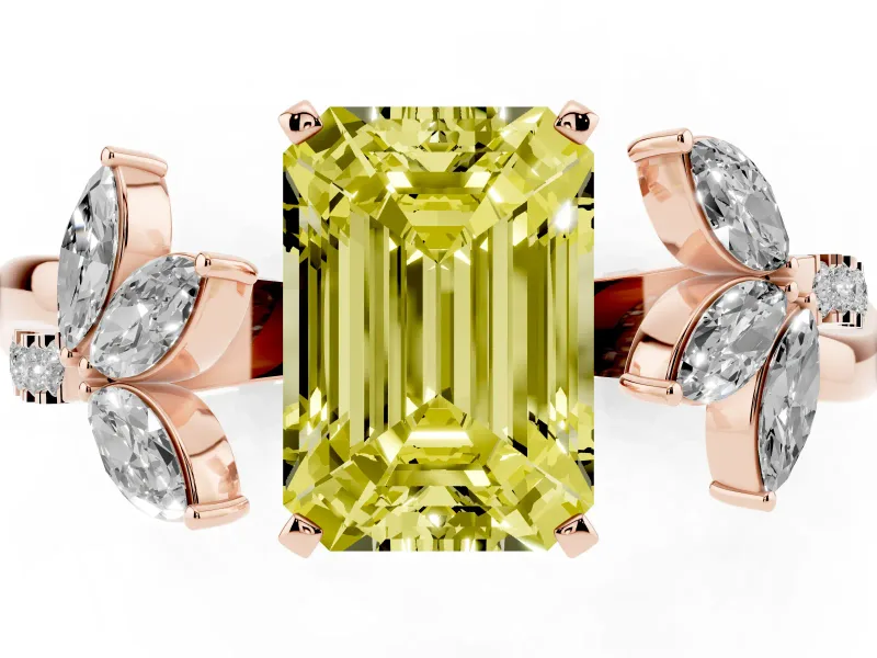 Fancy Yellow Emerald Cut Diamond Floral Vine Solitaire Engagement Ring Set in Rose gold with Marquise Leaves