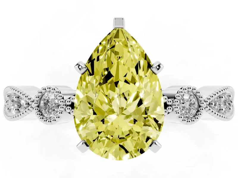 Fancy Yellow Pear Cut Diamond Solitaire Engagement Ring Set in White gold with Milgrain Bezel Accent Band