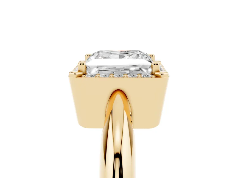 Princess Cut Diamond Halo Engagement Ring Set in Yellow gold with Plain Split Shank and Prong Setting