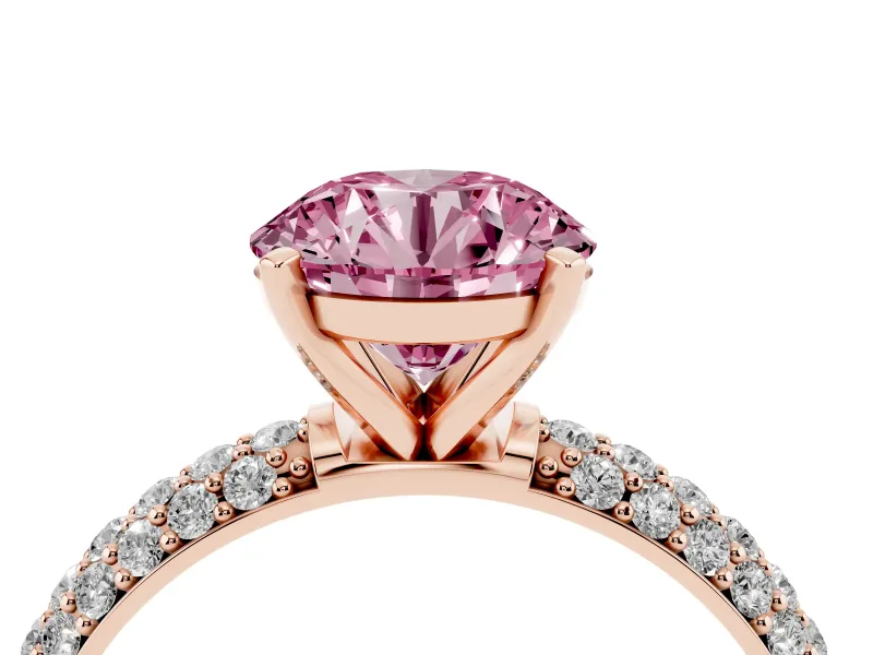 Fancy Pink Round Cut Diamond Solitaire Ring Set in Rose gold with Prong Setting and Pavé-Set Band