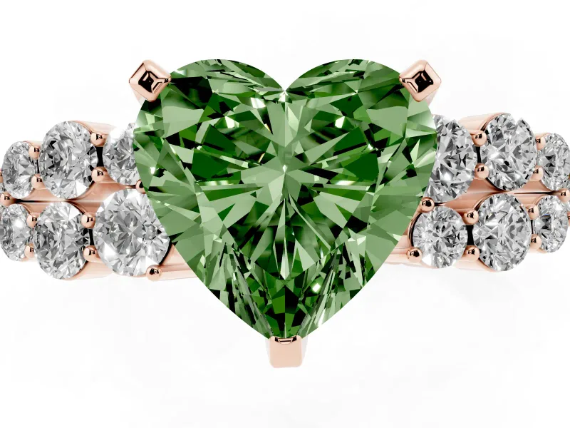 Fancy Green Heart Cut Diamond Cluster Engagement Ring Set in Rose gold with Pavé Band and Prong Setting