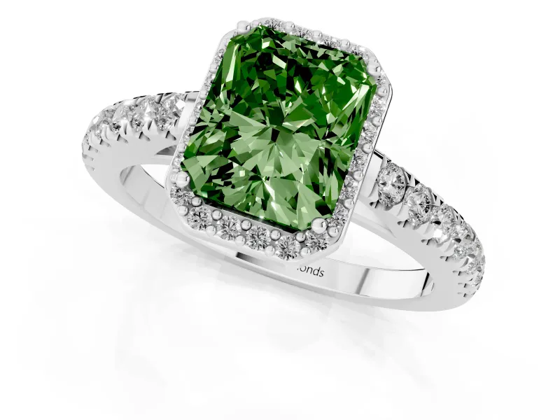 Fancy Green Radiant Cut Diamond Halo Engagement Ring Set in Silver with Pavé Band and Prong Setting