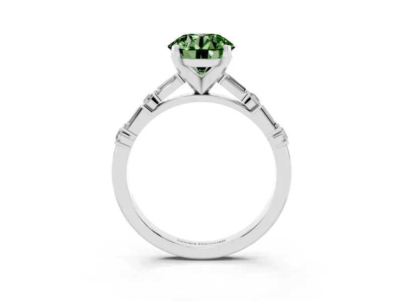 Fancy Green Round Cut Diamond Solitaire Set in Platinum with Side Baguettes and Channel Set Band