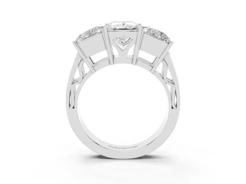 Princess Cut Three Stone Engagement Ring Setting | Beaded Shoulders | Platinum