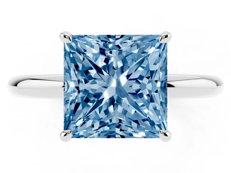 Fancy Blue Princess Cut Diamond Solitaire Ring Set in Platinum with Thin Band and Prong Setting