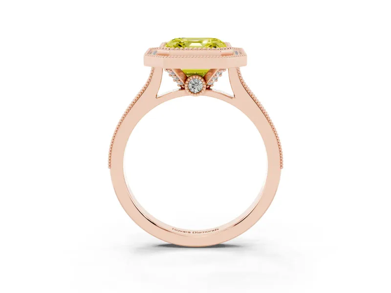 Asscher Cut Vintage Milgrain Halo Engagement Ring Setting for a Fancy Yellow Lab-Grown Diamond | Bezel Head | Rose Gold
