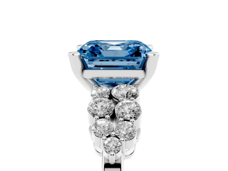 Fancy Blue Asscher Cut Diamond Cluster Engagement Ring Set in Platinum with Pavé Band and Prong Setting