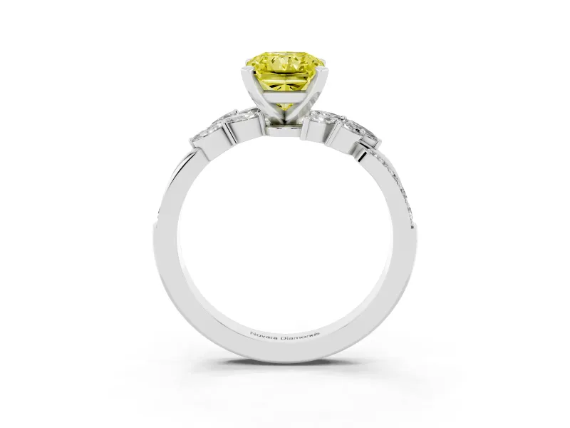 Fancy Yellow Radiant Cut Diamond Solitaire Ring Set in Platinum with Marquise Twist Band and Prong Setting