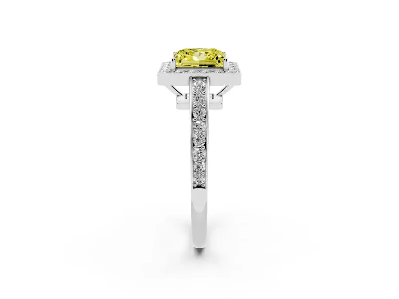 Fancy Yellow Princess Cut Diamond Halo Pavé Engagement Ring Set in Platinum with Bezel Setting