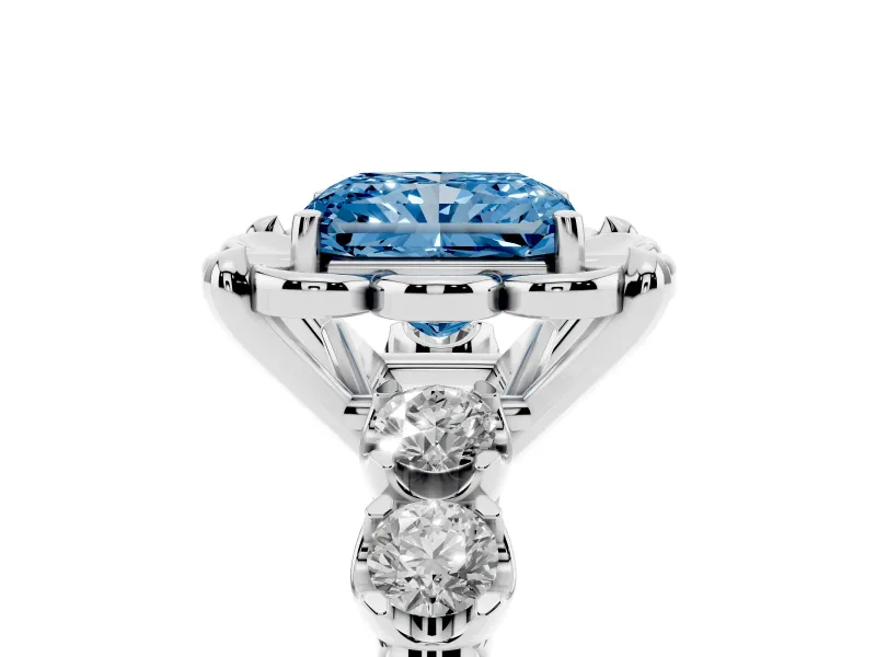 Fancy Blue Radiant Cut Diamond Floral Halo Ring Set in Silver with Shared Prong Band
