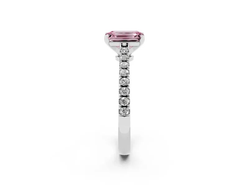 Fancy Pink Emerald Cut Diamond Solitaire Engagement Ring Set in White gold with Delicate Pavé Band and Prong Setting