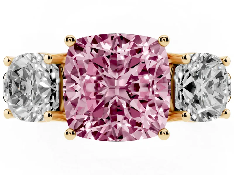 Fancy Pink Cushion Cut Diamond Three-Stone Ring Set in Yellow gold with Pavé Band