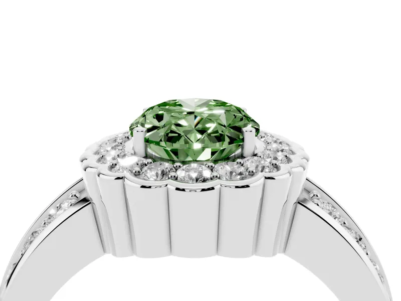 Fancy Green Oval Cut Diamond Scalloped Halo Ring Set in Silver with Pavé Split Shank