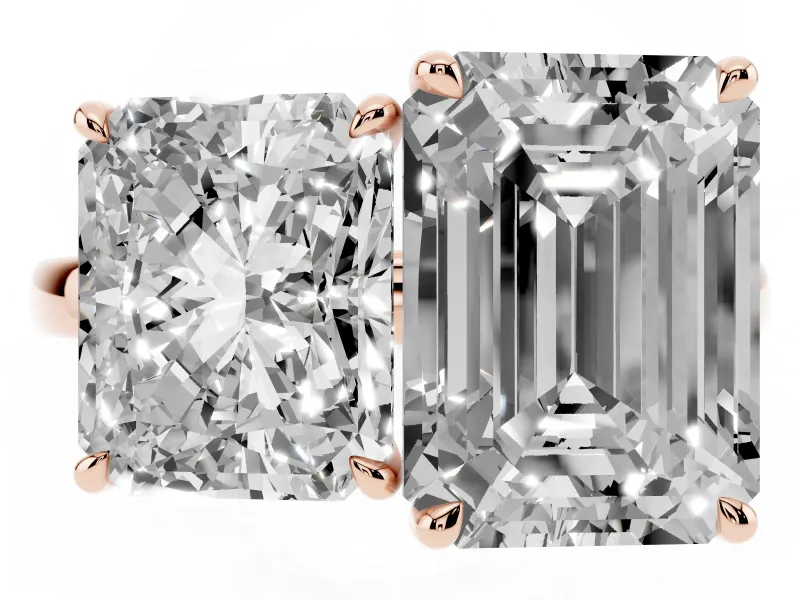 Radiant Cut and Emerald Cut Toi Moi Ring Set in Rose gold with Prong Setting