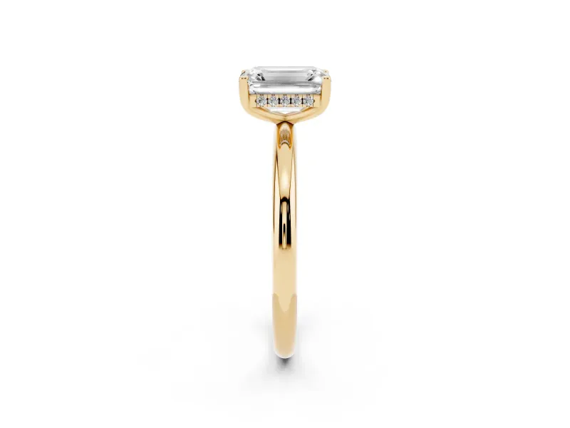 Emerald Cut Micro-Prong Hidden Halo Engagement Ring Setting | Plain Band | Yellow Gold